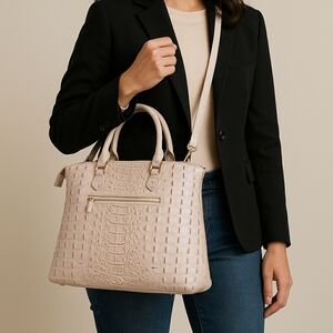 Croc-Embossed Satchel in Light Beige with Detachable Strap